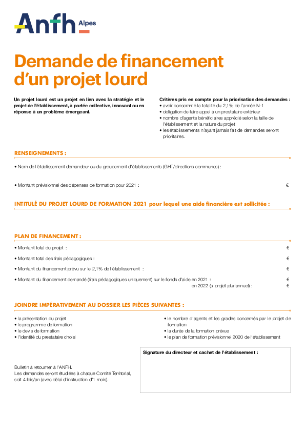 Bulletin demande de financement d'un projet lourd  ANFH