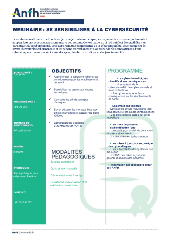 Programme des formations cybersécurité ANFH