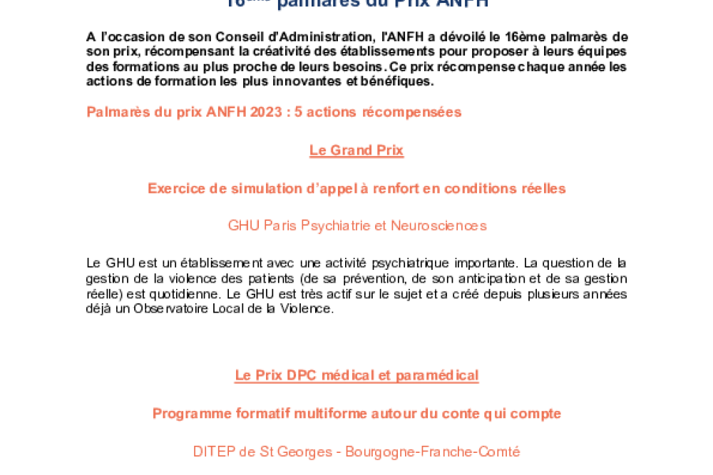 L’ANFH dévoile le 16ème palmarès du Prix ANFH