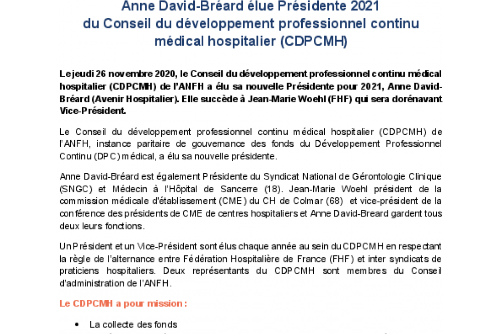 Anne David-Bréard élue Présidente 2021 du CDPCMH