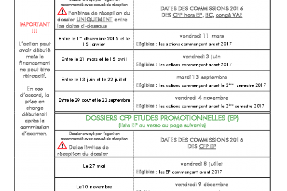 Calendrier 2016 des commissions CFP-BC-VAE