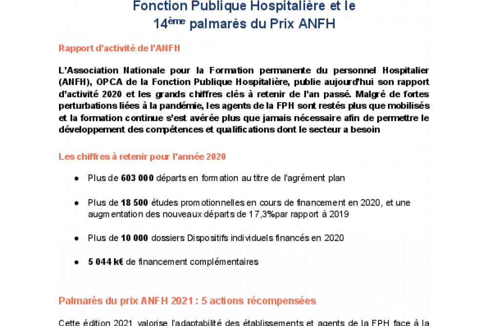 L’ANFH dévoile les chiffres 2020 de la formation dans la Fonction Publique Hospitalière et le 14ème palmarès du Prix ANFH