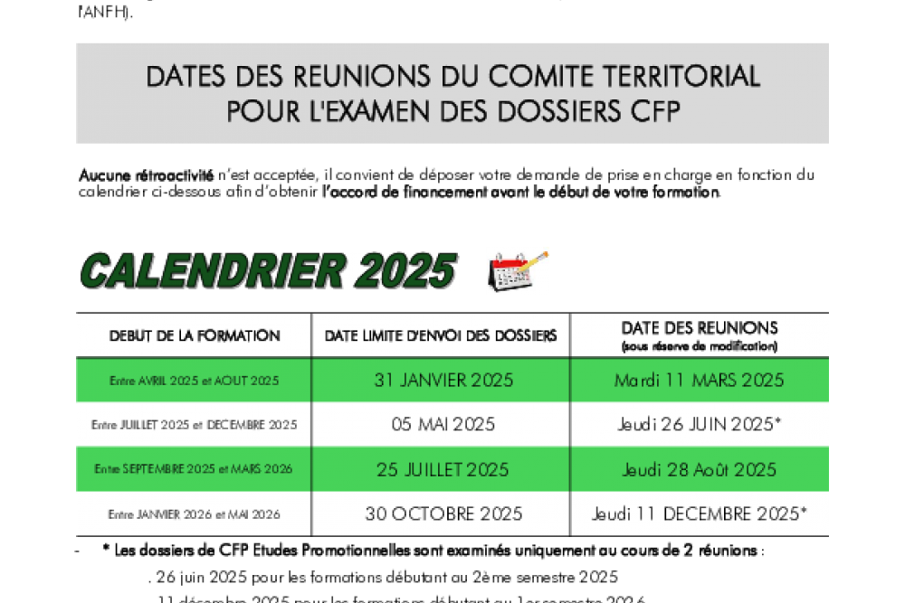 Calendrier 2025 des réunions d'examen des dossiers de BC, CFP, VAE