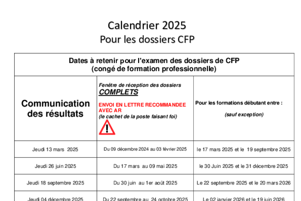 CALENDRIER 2025 POUR LES DOSSIERS CFP