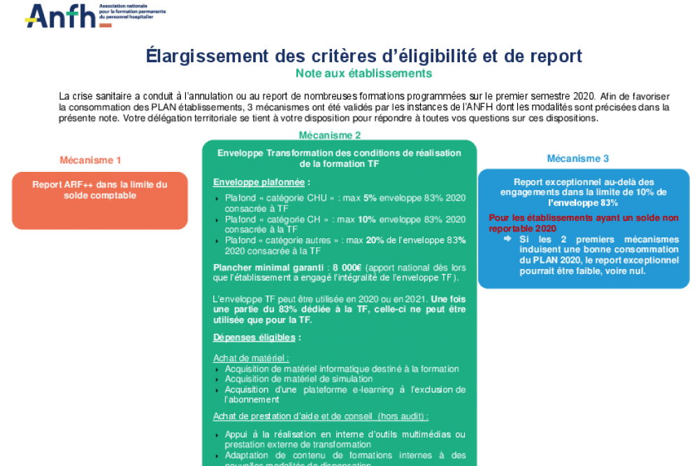 Elargissement des critères d'éligibilité et de report du plan de formation 2020 