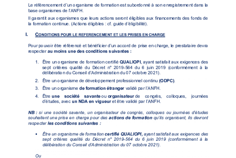 Conditions de référencement des organismes de formation pour la prise en charge de vos actions 2025