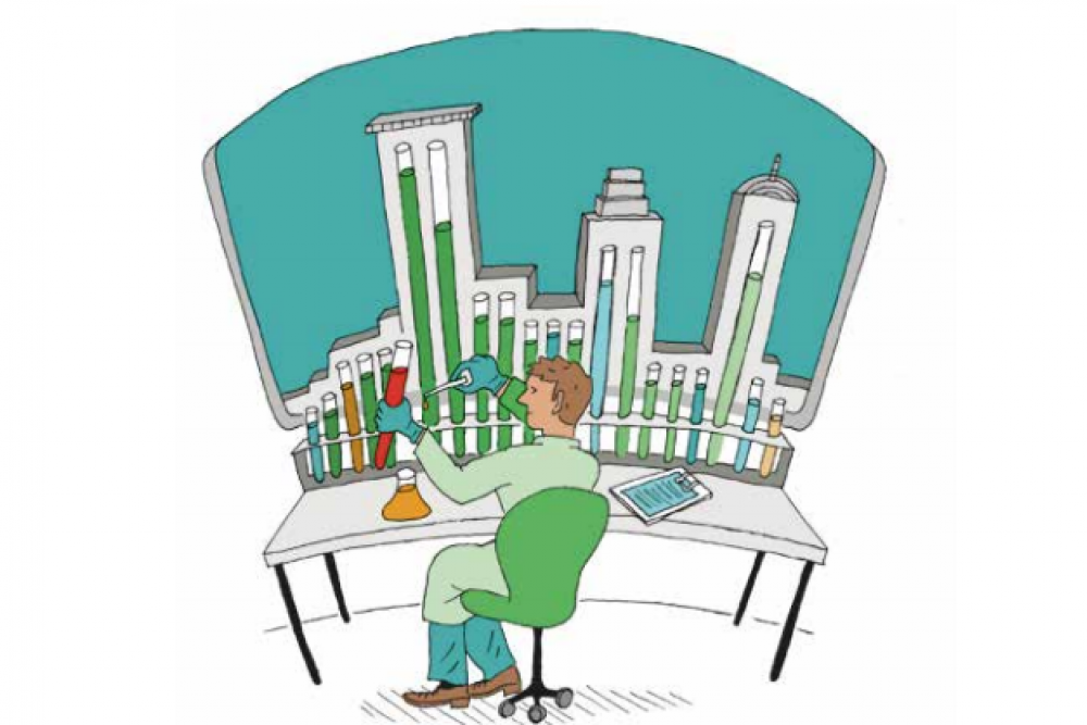 dessin d'un homme qui joue au chimiste avec un fond de ville