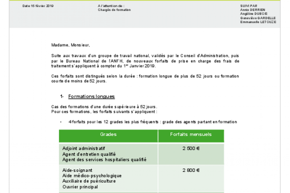 Actualisation des forfaits de frais de traitement 
