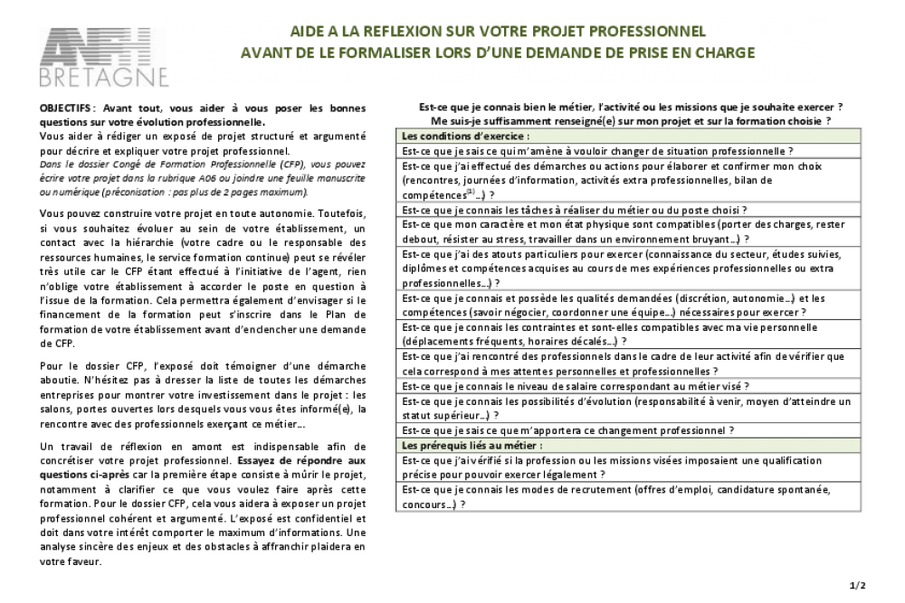 Outil "aide à la réflexion sur votre projet professionnel avant de le formaliser lors d'une demande de prise en charge"