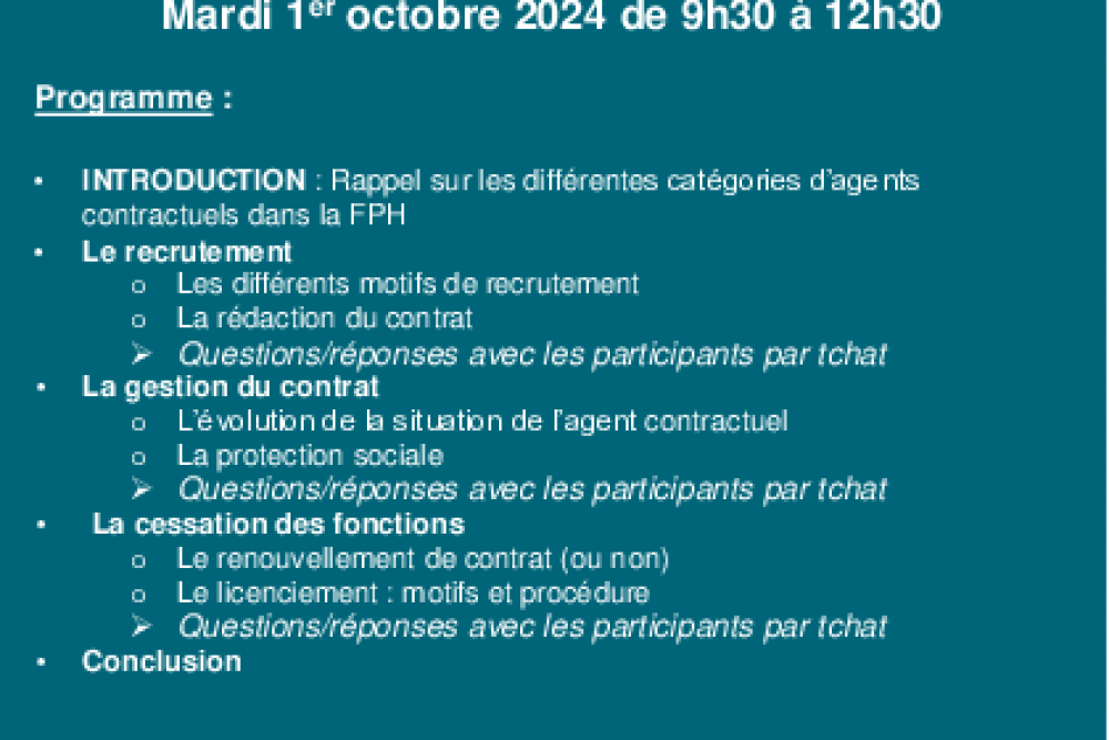 Mardi 1er octobre 2024 - Webinaire RH : "Les agents contractuels dans la Fonction Publique Hospitalière"