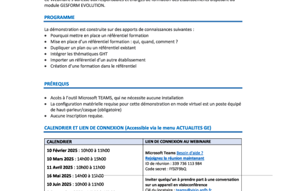 Webinaires  GE : interface CHORUS Pro-GE, création d'un référentiel formation, recueil des besoins ...