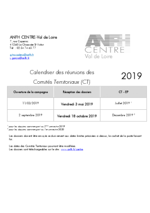 Calendrier des Comités Territoriaux (EP) 2019