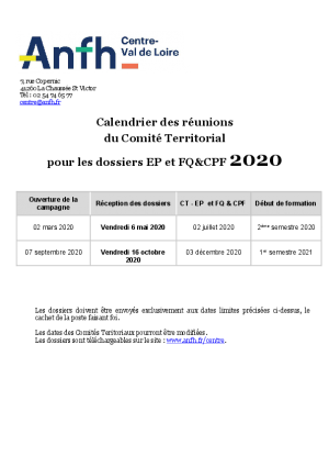 Calendrier des CT EP et FQ&CPF 2020
