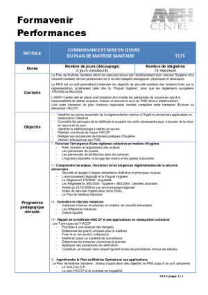 T175 : CONNAISSANCE ET MISE EN OEUVRE DU PLAN MAITRISE SANITAIRE