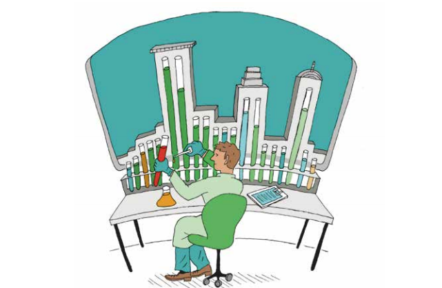 dessin d'un homme qui joue au chimiste avec un fond de ville