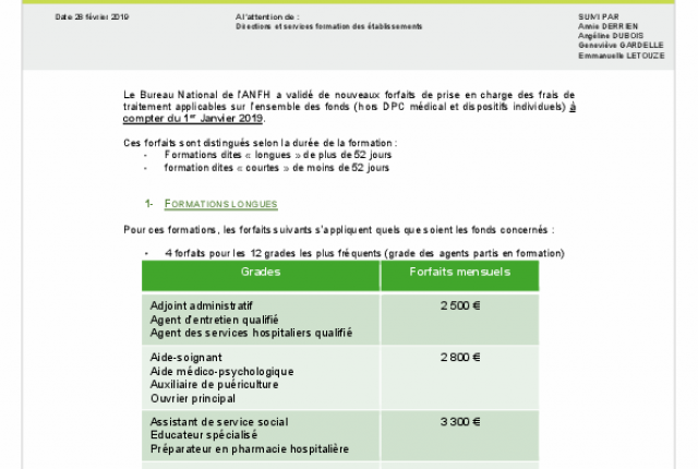 Actualisation des forfaits pour le remboursement des frais de traitement au 1er janvier 2019