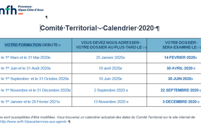 CALENDRIER DES COMMISSIONS DE FINANCEMENT DU COMITE TERRITORIAL