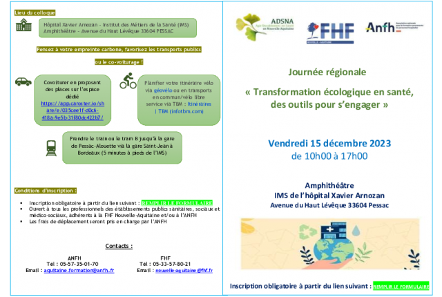 TRANSFORMATION ECOLOGIQUE EN SANTE Les inscriptions sont ouvertes pour la journée régionale du 15 décembre 2023 !